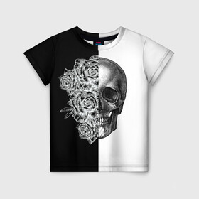 Детская футболка 3D с принтом SkullRose Sketch в Тюмени, 100% гипоаллергенный полиэфир | прямой крой, круглый вырез горловины, длина до линии бедер, чуть спущенное плечо, ткань немного тянется | набросок | рисунок карандашом | роза | чб | череп | черепушка | черно белое