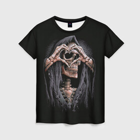 Женская футболка 3D с принтом Skull Love в Тюмени, 100% полиэфир ( синтетическое хлопкоподобное полотно) | прямой крой, круглый вырез горловины, длина до линии бедер | любовь | мрак | сердечко | сердце | скелет | тьма | череп