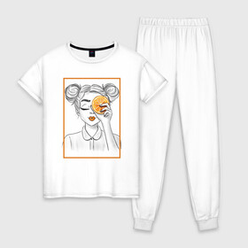 Женская пижама хлопок с принтом Оранжевое лето в Тюмени, 100% хлопок | брюки и футболка прямого кроя, без карманов, на брюках мягкая резинка на поясе и по низу штанин | апельсин | девушка | лето | оранжевый | фрукт | черно белый