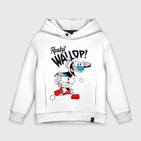 Детское худи Oversize хлопок с принтом Ready? Wallop! Cuphead в Тюмени, френч-терри — 70% хлопок, 30% полиэстер. Мягкий теплый начес внутри —100% хлопок | боковые карманы, эластичные манжеты и нижняя кромка, капюшон на магнитной кнопке | cuphead | cuphead and mugman | mugman | ready | wallop | игры | капхед | чашеголовый