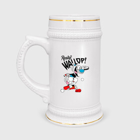 Кружка пивная с принтом Ready? Wallop! Cuphead в Тюмени,  керамика (Материал выдерживает высокую температуру, стоит избегать резкого перепада температур) |  объем 630 мл | cuphead | cuphead and mugman | mugman | ready | wallop | игры | капхед | чашеголовый