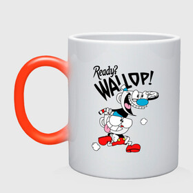 Кружка хамелеон с принтом Ready? Wallop! Cuphead в Тюмени, керамика | меняет цвет при нагревании, емкость 330 мл | cuphead | cuphead and mugman | mugman | ready | wallop | игры | капхед | чашеголовый