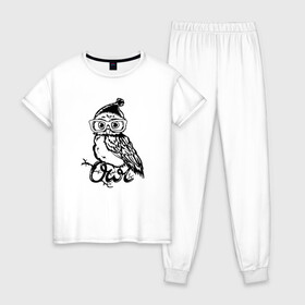 Женская пижама хлопок с принтом Совушка на ветке в Тюмени, 100% хлопок | брюки и футболка прямого кроя, без карманов, на брюках мягкая резинка на поясе и по низу штанин | owl | owls | сова | совушка | совы | филин | фраза | юмор