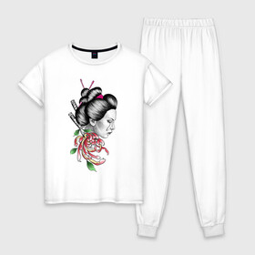 Женская пижама хлопок с принтом Азиатская девушка в Тюмени, 100% хлопок | брюки и футболка прямого кроя, без карманов, на брюках мягкая резинка на поясе и по низу штанин | красиво | нежные | ниндзя | пионы | самурай | тату | цветы | япония