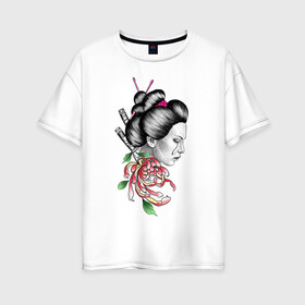 Женская футболка хлопок Oversize с принтом Азиатская девушка в Тюмени, 100% хлопок | свободный крой, круглый ворот, спущенный рукав, длина до линии бедер
 | красиво | нежные | ниндзя | пионы | самурай | тату | цветы | япония