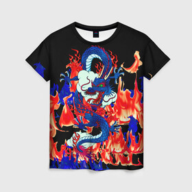 Женская футболка 3D с принтом Огненный Дракон в Тюмени, 100% полиэфир ( синтетическое хлопкоподобное полотно) | прямой крой, круглый вырез горловины, длина до линии бедер | akatsuki | beast | dragon | fire | акацуки | дракон | животные | зверь | змей | когти | облако | огонь | узор | чб | японский