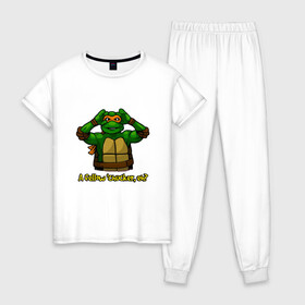 Женская пижама хлопок с принтом Микеланджело в Тюмени, 100% хлопок | брюки и футболка прямого кроя, без карманов, на брюках мягкая резинка на поясе и по низу штанин | donatello | leonardo | michelangelo | ninja | pizza | raphael | turtles | донателло | животные | карате | комикс | комиксы | леонардо | микеланджело | мультфильм | мутант | мутанты | ниндзя | пицца | рафаэль | сплинтер | супергерой