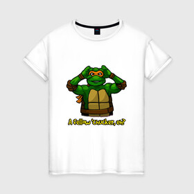Женская футболка хлопок с принтом Микеланджело в Тюмени, 100% хлопок | прямой крой, круглый вырез горловины, длина до линии бедер, слегка спущенное плечо | donatello | leonardo | michelangelo | ninja | pizza | raphael | turtles | донателло | животные | карате | комикс | комиксы | леонардо | микеланджело | мультфильм | мутант | мутанты | ниндзя | пицца | рафаэль | сплинтер | супергерой