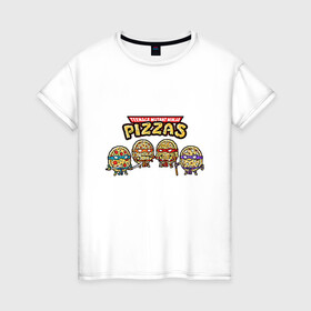 Женская футболка хлопок с принтом Ninja Pizzas в Тюмени, 100% хлопок | прямой крой, круглый вырез горловины, длина до линии бедер, слегка спущенное плечо | donatello | leonardo | michelangelo | ninja | pizza | raphael | turtles | донателло | животные | карате | комикс | комиксы | леонардо | микеланджело | мультфильм | мутант | мутанты | ниндзя | пицца | рафаэль | сплинтер | супергерой