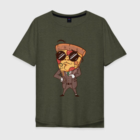 Мужская футболка хлопок Oversize с принтом Пепперони пицца в костюме в Тюмени, 100% хлопок | свободный крой, круглый ворот, “спинка” длиннее передней части | art | boss | cheese pizza | cool | funny | mushroom | pepperoni | pizza | pizza lover | retro | агент | арт | в очках | грибы | иллюстрация | люблю пиццу | пицца без ананасов | пицца с ананасами | прикол | ретро | рисунок пиццы | спецагент