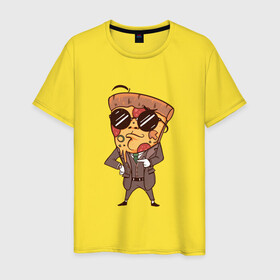 Мужская футболка хлопок с принтом Пепперони пицца в костюме в Тюмени, 100% хлопок | прямой крой, круглый вырез горловины, длина до линии бедер, слегка спущенное плечо. | Тематика изображения на принте: art | boss | cheese pizza | cool | funny | mushroom | pepperoni | pizza | pizza lover | retro | агент | арт | в очках | грибы | иллюстрация | люблю пиццу | пицца без ананасов | пицца с ананасами | прикол | ретро | рисунок пиццы | спецагент