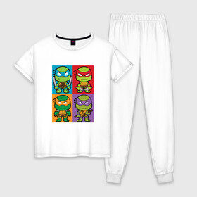 Женская пижама хлопок с принтом Ninja Turtles в Тюмени, 100% хлопок | брюки и футболка прямого кроя, без карманов, на брюках мягкая резинка на поясе и по низу штанин | donatello | leonardo | michelangelo | ninja | pizza | raphael | turtles | донателло | животные | карате | комикс | комиксы | леонардо | микеланджело | мультфильм | мутант | мутанты | ниндзя | пицца | рафаэль | сплинтер | супергерой