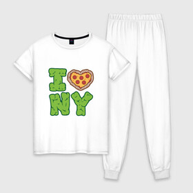 Женская пижама хлопок с принтом I Love New York в Тюмени, 100% хлопок | брюки и футболка прямого кроя, без карманов, на брюках мягкая резинка на поясе и по низу штанин | donatello | leonardo | michelangelo | ninja | pizza | raphael | turtles | донателло | животные | карате | комикс | комиксы | леонардо | микеланджело | мультфильм | мутант | мутанты | ниндзя | пицца | рафаэль | сплинтер | супергерой