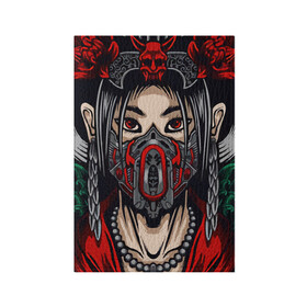 Обложка для паспорта матовая кожа с принтом Японская девушка стимпанк в Тюмени, натуральная матовая кожа | размер 19,3 х 13,7 см; прозрачные пластиковые крепления | Тематика изображения на принте: аниме | девушка | демон | маска | розы | стимпанк