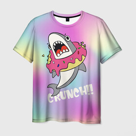Мужская футболка 3D с принтом Акула с пончиком Сrunch в Тюмени, 100% полиэфир | прямой крой, круглый вырез горловины, длина до линии бедер | акула | глазурь | градиент | десерт | зубы | пончик | укус