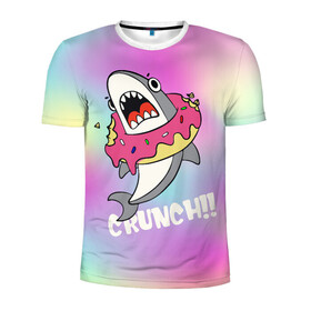 Мужская футболка 3D спортивная с принтом Акула с пончиком Сrunch в Тюмени, 100% полиэстер с улучшенными характеристиками | приталенный силуэт, круглая горловина, широкие плечи, сужается к линии бедра | акула | глазурь | градиент | десерт | зубы | пончик | укус