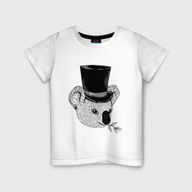 Детская футболка хлопок с принтом Коала Джентльмен в Цилиндре в Тюмени, 100% хлопок | круглый вырез горловины, полуприлегающий силуэт, длина до линии бедер | art | bear | coala | gentleman | illustration | koala | top hap | австралия | арт | иллюстрация | медведь | рисунок | сумчатые | цилиндр | шляпа | эвкалипт