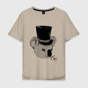 Мужская футболка хлопок Oversize с принтом Коала Джентльмен в Цилиндре в Тюмени, 100% хлопок | свободный крой, круглый ворот, “спинка” длиннее передней части | art | bear | coala | gentleman | illustration | koala | top hap | австралия | арт | иллюстрация | медведь | рисунок | сумчатые | цилиндр | шляпа | эвкалипт