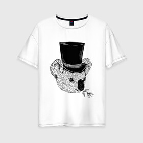 Женская футболка хлопок Oversize с принтом Коала Джентльмен в Цилиндре в Тюмени, 100% хлопок | свободный крой, круглый ворот, спущенный рукав, длина до линии бедер
 | art | bear | coala | gentleman | illustration | koala | top hap | австралия | арт | иллюстрация | медведь | рисунок | сумчатые | цилиндр | шляпа | эвкалипт