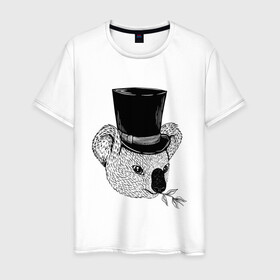 Мужская футболка хлопок с принтом Коала Джентльмен в Цилиндре в Тюмени, 100% хлопок | прямой крой, круглый вырез горловины, длина до линии бедер, слегка спущенное плечо. | art | bear | coala | gentleman | illustration | koala | top hap | австралия | арт | иллюстрация | медведь | рисунок | сумчатые | цилиндр | шляпа | эвкалипт