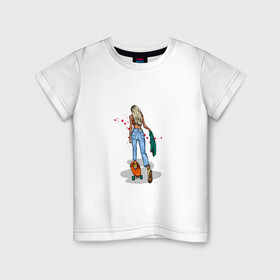 Детская футболка хлопок с принтом Девушка на скейте в Тюмени, 100% хлопок | круглый вырез горловины, полуприлегающий силуэт, длина до линии бедер | Тематика изображения на принте: блондинка | девушка | джинсы | скейт | спорт | фитоняша
