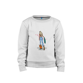 Детский свитшот хлопок с принтом Девушка на скейте в Тюмени, 100% хлопок | круглый вырез горловины, эластичные манжеты, пояс и воротник | Тематика изображения на принте: блондинка | девушка | джинсы | скейт | спорт | фитоняша