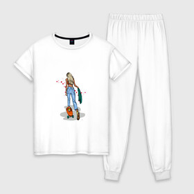 Женская пижама хлопок с принтом Девушка на скейте в Тюмени, 100% хлопок | брюки и футболка прямого кроя, без карманов, на брюках мягкая резинка на поясе и по низу штанин | блондинка | девушка | джинсы | скейт | спорт | фитоняша
