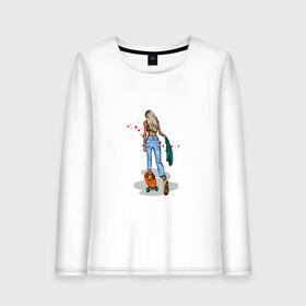 Женский лонгслив хлопок с принтом Девушка на скейте в Тюмени, 100% хлопок |  | блондинка | девушка | джинсы | скейт | спорт | фитоняша