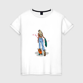 Женская футболка хлопок с принтом Девушка на скейте в Тюмени, 100% хлопок | прямой крой, круглый вырез горловины, длина до линии бедер, слегка спущенное плечо | блондинка | девушка | джинсы | скейт | спорт | фитоняша