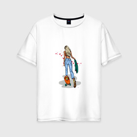 Женская футболка хлопок Oversize с принтом Девушка на скейте в Тюмени, 100% хлопок | свободный крой, круглый ворот, спущенный рукав, длина до линии бедер
 | блондинка | девушка | джинсы | скейт | спорт | фитоняша