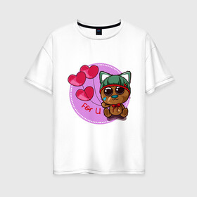 Женская футболка хлопок Oversize с принтом Котик милашка в шапочке в Тюмени, 100% хлопок | свободный крой, круглый ворот, спущенный рукав, длина до линии бедер
 | игрушка | кот | малышка | милашка | мультяшка | сердечки | шапка | шарики