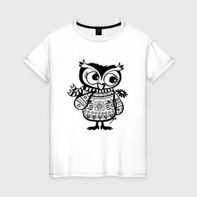 Женская футболка хлопок с принтом Совушка с цветочком в Тюмени, 100% хлопок | прямой крой, круглый вырез горловины, длина до линии бедер, слегка спущенное плечо | owl | owls | сова | совушка | совы | филин | фраза | юмор