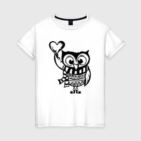 Женская футболка хлопок с принтом Совенок с сердцем в Тюмени, 100% хлопок | прямой крой, круглый вырез горловины, длина до линии бедер, слегка спущенное плечо | owl | owls | сова | совушка | совы | филин | фраза | юмор