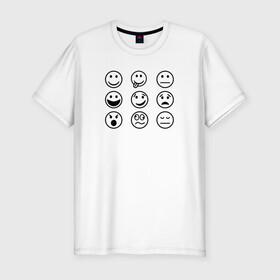 Мужская футболка хлопок Slim с принтом настроение  в Тюмени, 92% хлопок, 8% лайкра | приталенный силуэт, круглый вырез ворота, длина до линии бедра, короткий рукав | Тематика изображения на принте: cheerful | emoji | emotions | joyful | mood | sad | smiley | веселый | грустный | настроение | радостный | смайлик | эмоции