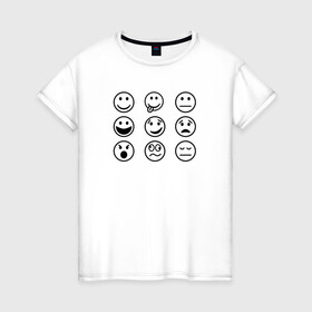 Женская футболка хлопок с принтом настроение  в Тюмени, 100% хлопок | прямой крой, круглый вырез горловины, длина до линии бедер, слегка спущенное плечо | cheerful | emoji | emotions | joyful | mood | sad | smiley | веселый | грустный | настроение | радостный | смайлик | эмоции