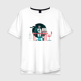 Мужская футболка хлопок Oversize с принтом Ученый в Тюмени, 100% хлопок | свободный крой, круглый ворот, “спинка” длиннее передней части | лаборатория | наука | рисунок | скелет | стол | ученый