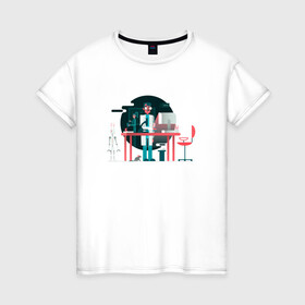 Женская футболка хлопок с принтом Ученый в Тюмени, 100% хлопок | прямой крой, круглый вырез горловины, длина до линии бедер, слегка спущенное плечо | лаборатория | наука | рисунок | скелет | стол | ученый