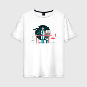 Женская футболка хлопок Oversize с принтом Ученый в Тюмени, 100% хлопок | свободный крой, круглый ворот, спущенный рукав, длина до линии бедер
 | лаборатория | наука | рисунок | скелет | стол | ученый