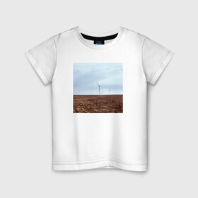 Детская футболка хлопок с принтом Ветрогенераторы в поле в Тюмени, 100% хлопок | круглый вырез горловины, полуприлегающий силуэт, длина до линии бедер | Тематика изображения на принте: ветрогенератор | день | небо | облака | экология
