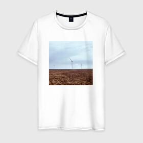 Мужская футболка хлопок с принтом Ветрогенераторы в поле в Тюмени, 100% хлопок | прямой крой, круглый вырез горловины, длина до линии бедер, слегка спущенное плечо. | ветрогенератор | день | небо | облака | экология