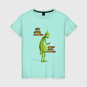 Женская футболка хлопок с принтом Гринч в Тюмени, 100% хлопок | прямой крой, круглый вырез горловины, длина до линии бедер, слегка спущенное плечо | гринч | грустный | зеленый | кофе | кружка | мультфильм | утро