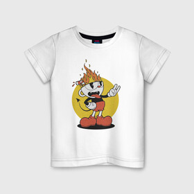 Детская футболка хлопок с принтом Cuphead в Тюмени, 100% хлопок | круглый вырез горловины, полуприлегающий силуэт, длина до линии бедер | cartoon | cuphead | fire | game | illustration | mugman