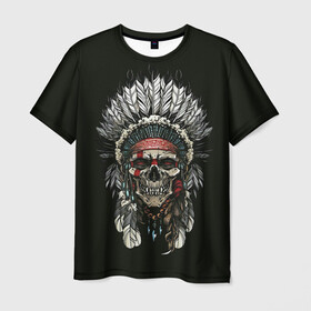 Мужская футболка 3D с принтом Indian Skull в Тюмени, 100% полиэфир | прямой крой, круглый вырез горловины, длина до линии бедер | Тематика изображения на принте: skeleton | skulls | вождь | индеец | индия | скелет | череп | черепушка