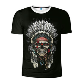 Мужская футболка 3D спортивная с принтом Indian Skull в Тюмени, 100% полиэстер с улучшенными характеристиками | приталенный силуэт, круглая горловина, широкие плечи, сужается к линии бедра | skeleton | skulls | вождь | индеец | индия | скелет | череп | черепушка