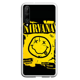 Чехол для Honor P30 с принтом Nirvana 1987 в Тюмени, Силикон | Область печати: задняя сторона чехла, без боковых панелей | Тематика изображения на принте: album | curt | kobain | logo | music | nevermind | nirvana | rock | smells like | smile | teen spirit | альбом | гитара | курт кобейн | логотип | музыка | невермайнд | нирвана | рок | смайл | стикер