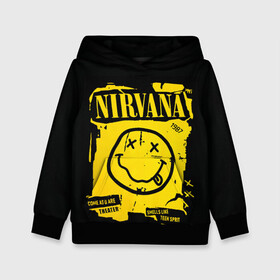 Детская толстовка 3D с принтом Nirvana 1987 в Тюмени, 100% полиэстер | двухслойный капюшон со шнурком для регулировки, мягкие манжеты на рукавах и по низу толстовки, спереди карман-кенгуру с мягким внутренним слоем | Тематика изображения на принте: album | curt | kobain | logo | music | nevermind | nirvana | rock | smells like | smile | teen spirit | альбом | гитара | курт кобейн | логотип | музыка | невермайнд | нирвана | рок | смайл | стикер