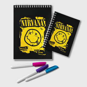 Блокнот с принтом Nirvana 1987 в Тюмени, 100% бумага | 48 листов, плотность листов — 60 г/м2, плотность картонной обложки — 250 г/м2. Листы скреплены удобной пружинной спиралью. Цвет линий — светло-серый
 | Тематика изображения на принте: album | curt | kobain | logo | music | nevermind | nirvana | rock | smells like | smile | teen spirit | альбом | гитара | курт кобейн | логотип | музыка | невермайнд | нирвана | рок | смайл | стикер