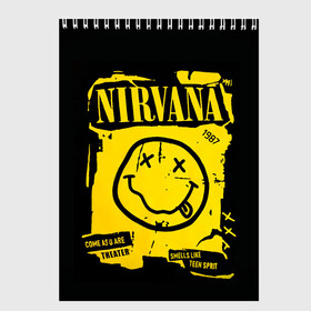 Скетчбук с принтом Nirvana 1987 в Тюмени, 100% бумага
 | 48 листов, плотность листов — 100 г/м2, плотность картонной обложки — 250 г/м2. Листы скреплены сверху удобной пружинной спиралью | Тематика изображения на принте: album | curt | kobain | logo | music | nevermind | nirvana | rock | smells like | smile | teen spirit | альбом | гитара | курт кобейн | логотип | музыка | невермайнд | нирвана | рок | смайл | стикер