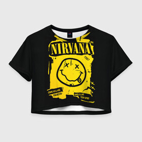 Женская футболка Crop-top 3D с принтом Nirvana 1987 в Тюмени, 100% полиэстер | круглая горловина, длина футболки до линии талии, рукава с отворотами | Тематика изображения на принте: album | curt | kobain | logo | music | nevermind | nirvana | rock | smells like | smile | teen spirit | альбом | гитара | курт кобейн | логотип | музыка | невермайнд | нирвана | рок | смайл | стикер