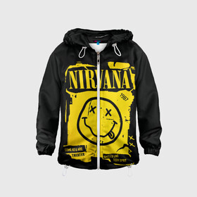 Детская ветровка 3D с принтом Nirvana 1987 в Тюмени, 100% полиэстер | подол и капюшон оформлены резинкой с фиксаторами, по бокам два кармана без застежек, один потайной карман на груди | album | curt | kobain | logo | music | nevermind | nirvana | rock | smells like | smile | teen spirit | альбом | гитара | курт кобейн | логотип | музыка | невермайнд | нирвана | рок | смайл | стикер